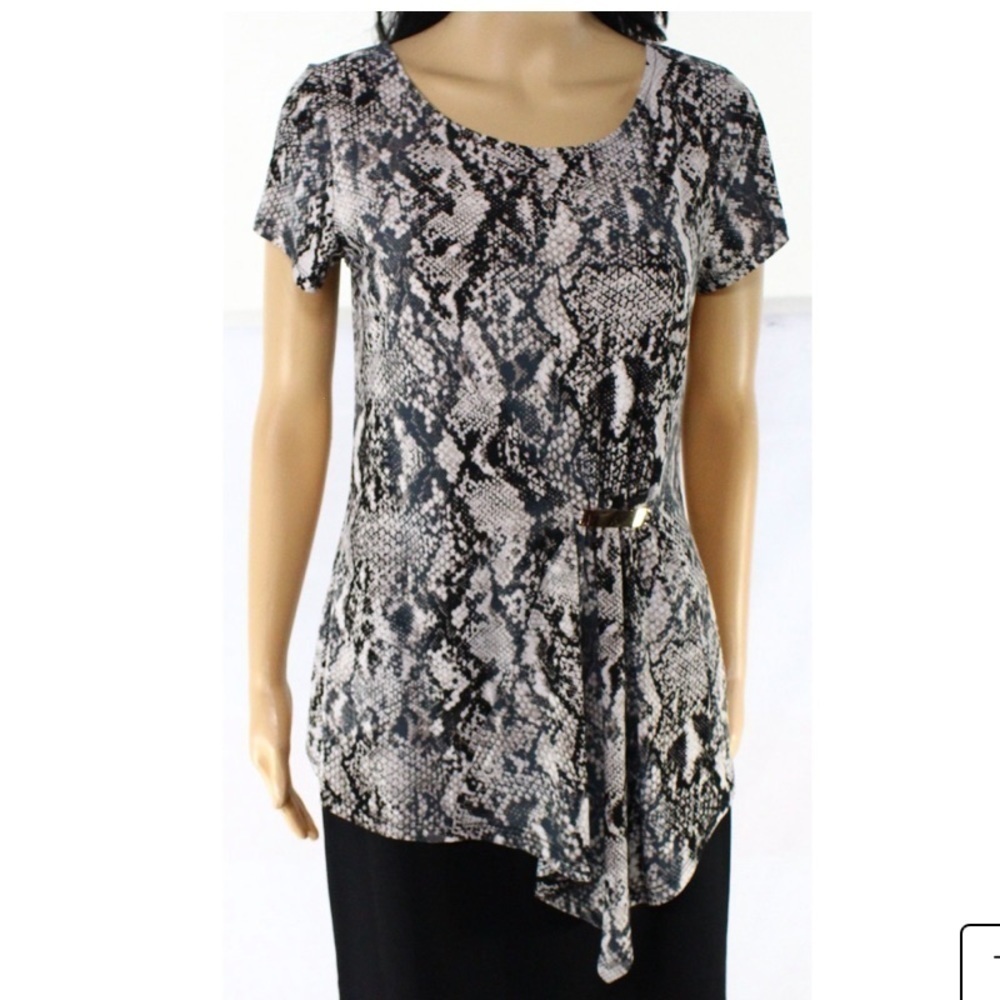 INC Snakeskin-Print Gathered Buckled Knit Top